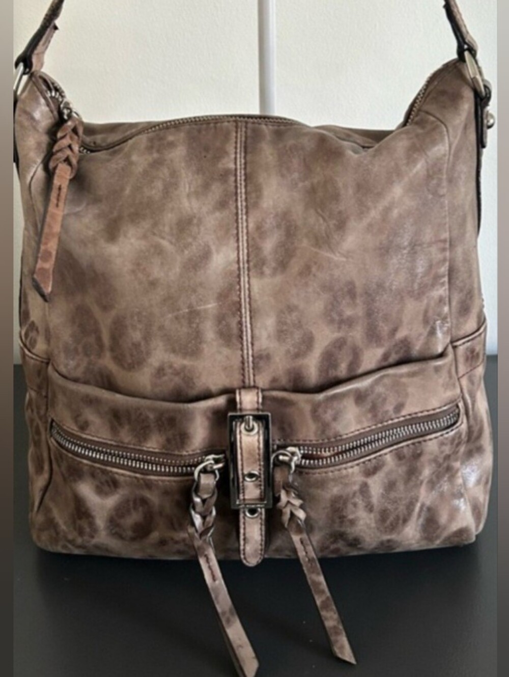 b. makowsky Taupe Distressed Leather Hobo Bag